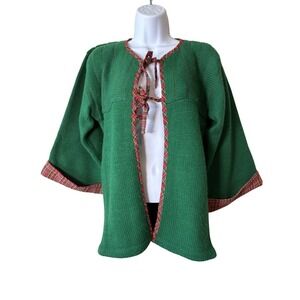 Vintage Cecily Green Wool Blend Plaid Trim Cardigan Jacket Holiday Christmas S